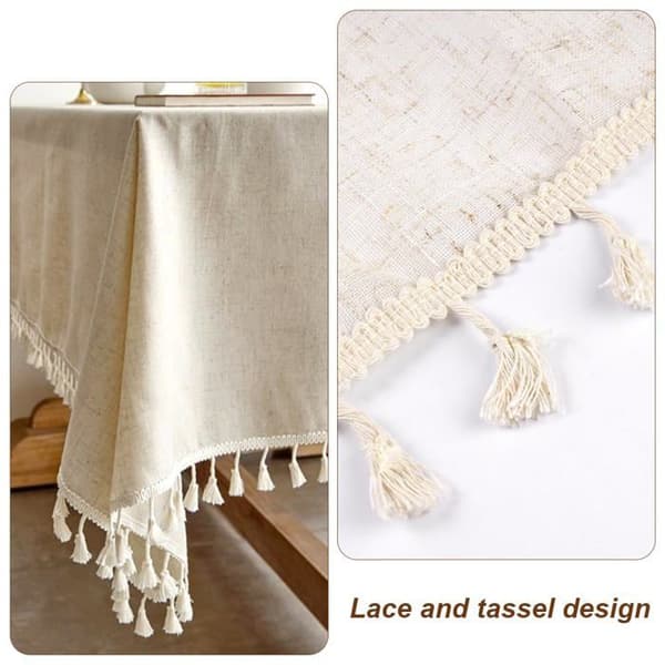 Beige fläckresistent duk med tofsar, tvättbar, 140×100cm rektangulär bomullsduk för matsal, beige fläckresistent duk