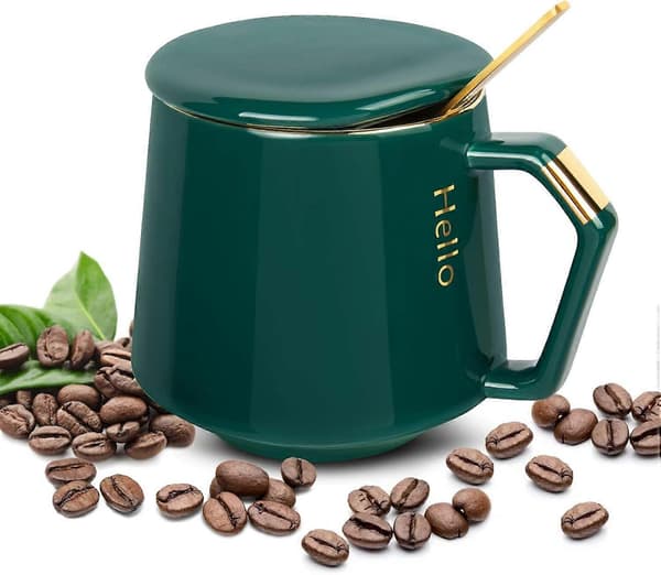 Keramisk Mugg Kaffemugg med Lock Kaffekopp + Rostfri Sked, 380ml Temugg (Grön)