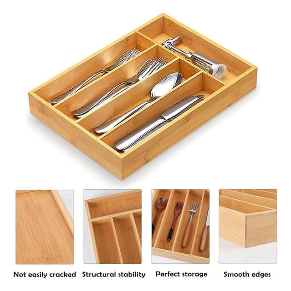 Bamboo Cutlery Tray Silverware Drawer Organizer Storage Box Rack Storage Box 5 Compartments Kitchen Drawer