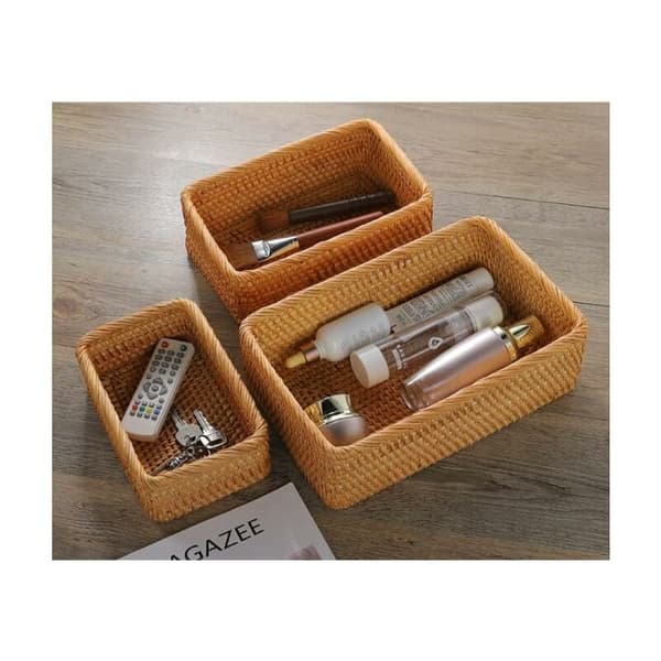 Rectangular Rattan Storage Basket, Woven Fruit Basket, Natural Woven Organizer for Kitchen/Dining Room (Set of 3)