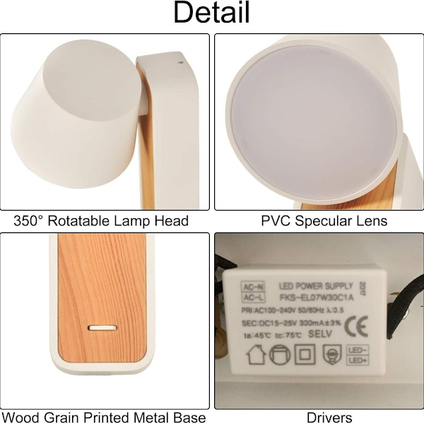 Hvit LED vegglampe med trebase, 6W varm hvit 2700