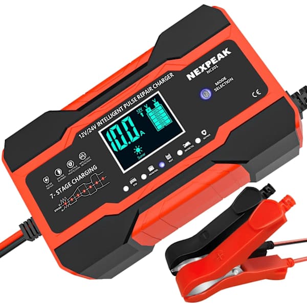 Bilbatterilader, 12V og 24V Smart Helautomatisk Batterilader med Temperaturkompensasjon