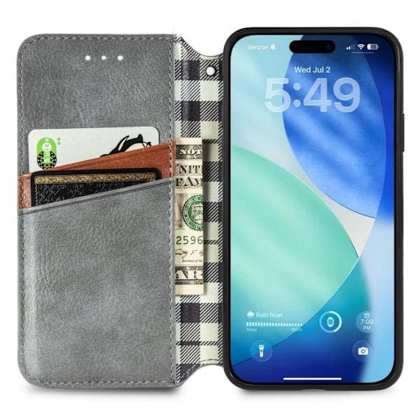 iPhone 17 Etui Læderetui med Kubisk Ternmønster og Magnetisk Lukning Grå Grå Grå
