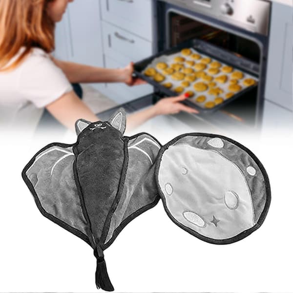 Batlicious Oven Mitts & Pot Holders Set - Gothic Bat & Moon Design, Heat Resistant Kitchen Gloves for Baking, Cooking, and Grilling