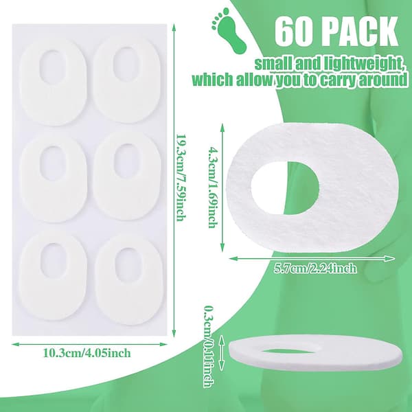 60-pack Callus Pads, mjuka filtkuddar för förhårdnader, oval form, vit