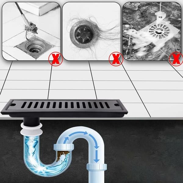 Rectangular Floor Drain 30x10cm Shower Drain Black Floor Drain with Stainless Steel Grate Suitable for Toilet, Bathroom, Kitchen, Balcony
