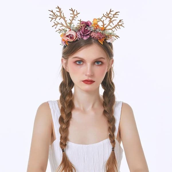 Amosfun Renhorn Hårband med Blommor Jul Hårtillbehör Älg Horn
