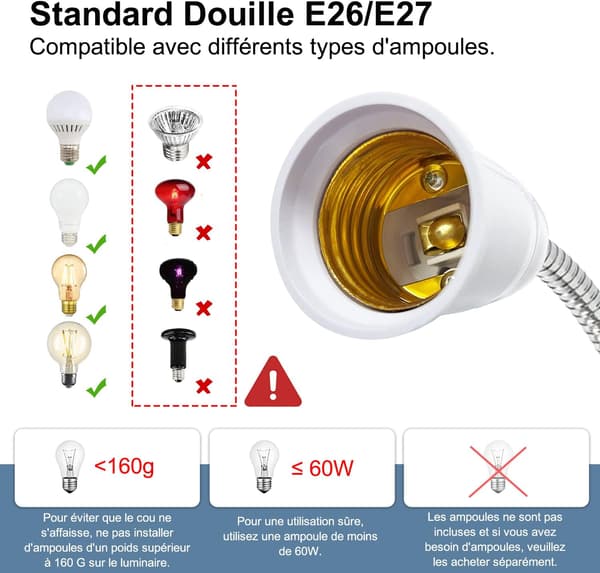 E27 Clip-on Bulb Socket with Switch, LED Desk Lamp Base with 360