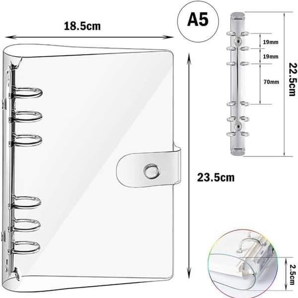 A5 6-ring binder cover, 2-pack transparent PVC waterproof refillable with snap closure for planner, office and school