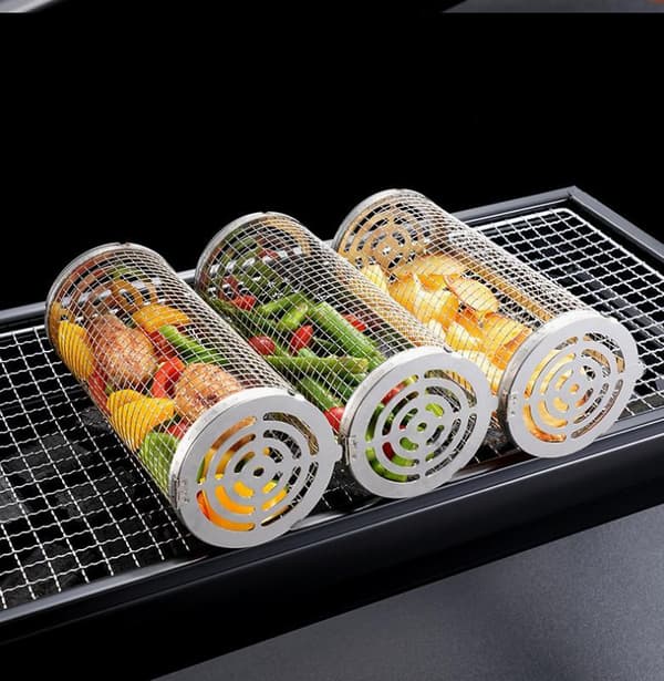 2-pak grillkurv i rustfrit stål, 2 kroge og 2 gafler. Rullegrill-FX-