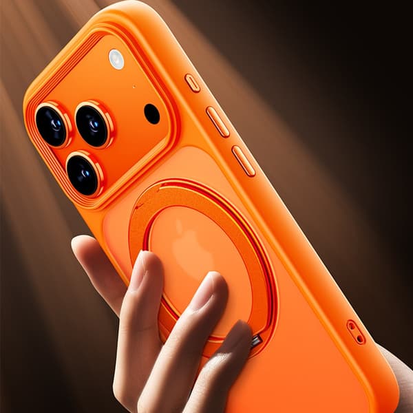 Orange Anti-Drop Leather Feel Case with 360° Stand Compatible with iPhone 17 Pro, Shockproof TPU Shell with Magnetic Function