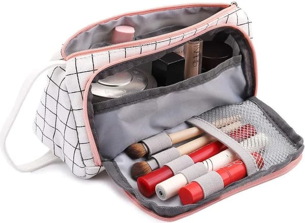 White Striped Pencil Case with 3 Compartments, Spacious Pencil Pouch