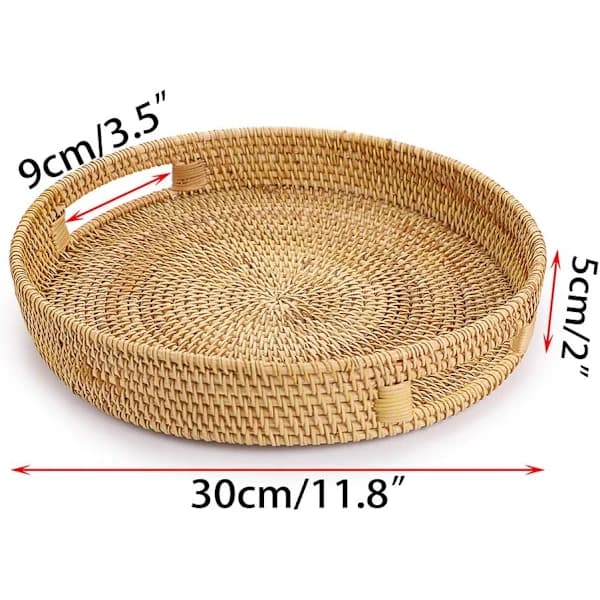 Round Woven Rattan Serving Tray with Handles for Coffee, Drinks, Breakfast, Tea, Candles