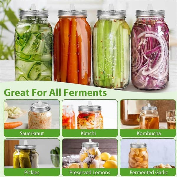 Fermenteringslåg til krukker med bred åbning, 4 rustfri låg med dato, Fermenteringssæt