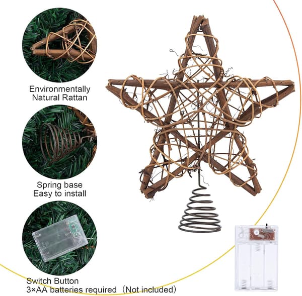 Star Christmas Tree Topper 10 \" Rustic Natural Rattan with 10 Warm