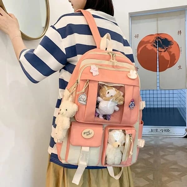 Canvas skoletaske kombination, kawaii skoletaske til piger - orange orange