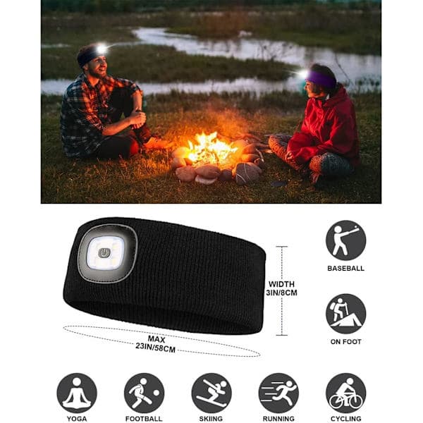 Sportpannebånd med LED-lampe, USB-oppladbar hodelykt for utendørs synlighet, 4 LED-lys, Grå