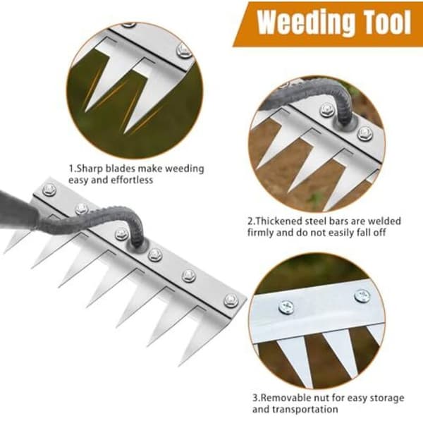 Metal Grass Rake 7-Tooth Garden Tool for Weeding, Loosening, Sowing, Portable Without Handle, Compatible with Garden Tools