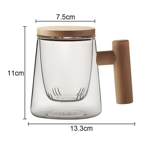 Glass tekopp med tesil og lokk, tekopp med trehåndtak, stil 2