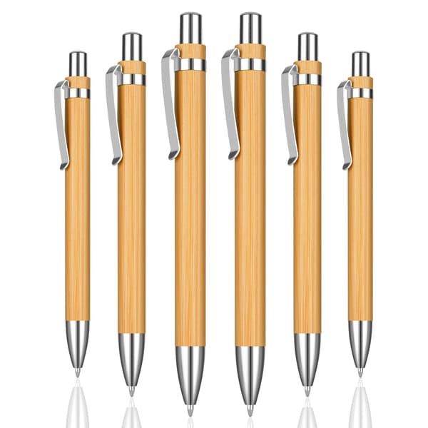 6 stk. kuglepenne, bambuspen, indtrækkelig kuglepen, sort blæk, medium spids 1,0 mm, gavepenne