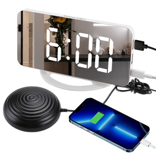 Multifunctional High Vibration Alarm Clock Suitable for Adults with Severe Sleep Difficulties, Digital Mirror Clock with Bed Shaker