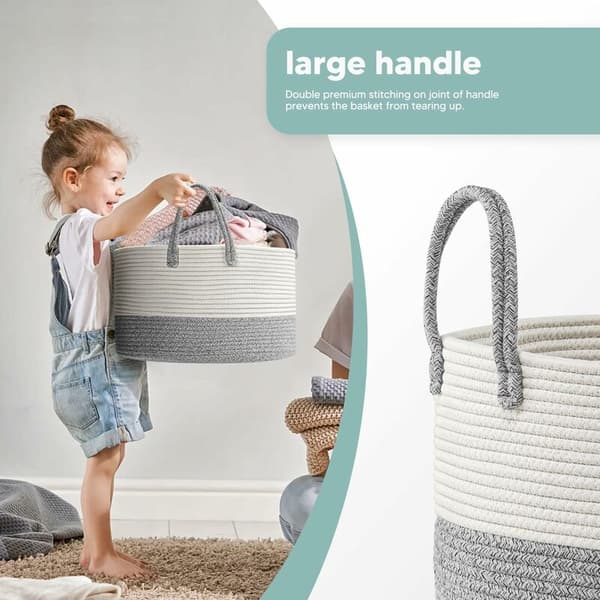 Woven Cotton Laundry Basket D51 x H34 CM Cotton Rope Storage Basket Foldable Large Capacity Laundry Hamper (Grey)
