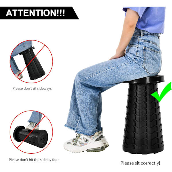 Bærbar foldeskammel, let, men robust med en lastekapacitet på 180 kg, foldbar plastikskammel til camping og fiskeri, sort Black Round