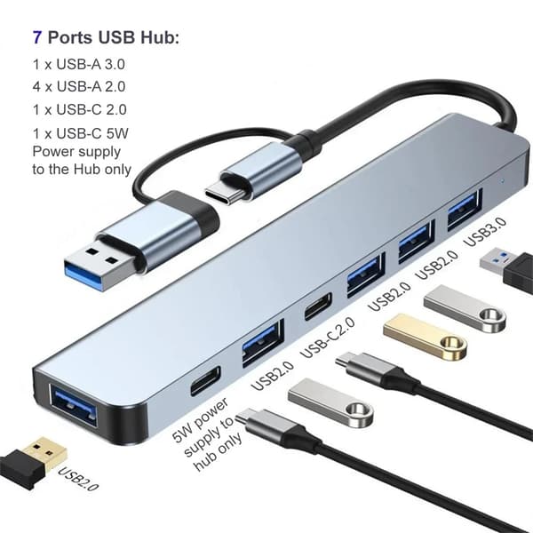 7-portars USB-hubb med 3.0 Typ-A och 2.0, för bärbar dator och PC-expansion