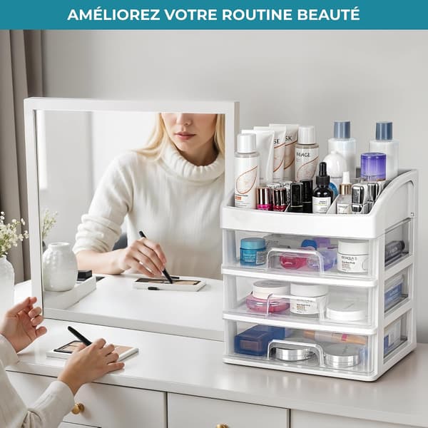Makeupopbevaring med skuffer - Makeup- og kosmetikopbevaring til badeværelset - Opbevaring til sminkebord - Opbevaringsboks med 3 skuffer