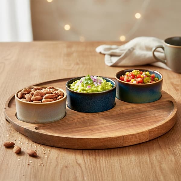 Ceramic Snack Bowls with Acacia Tray, 4-Piece Set 682