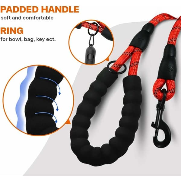 Dog Rope, Nylon Leash with Soft Padded Handle and Reflective Threads, 150cm x 1.2cm, Red