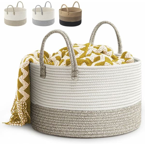 Woven Cotton Laundry Basket D51 x H34 CM Cotton Rope Storage Basket Foldable Large Capacity Laundry Hamper (Brown)