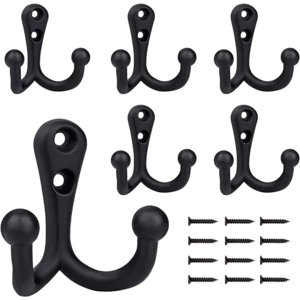 6 Pieces Retro Hook Double Metal Hooks Black Retro Hook for Coat Rack Bathroom Kitchen