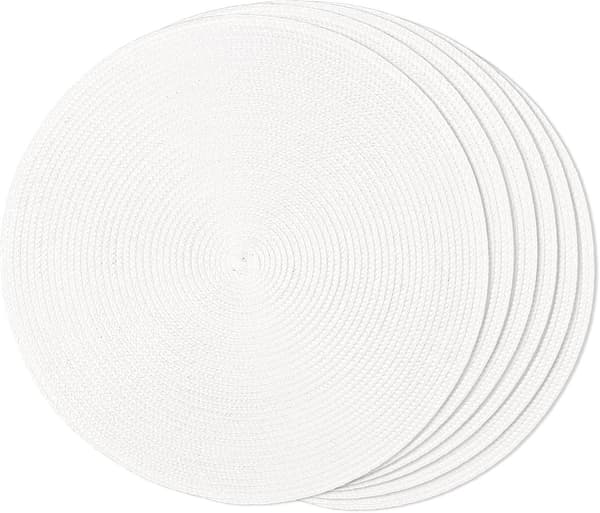 Sett med 6 runde vevde spisebrikker - vaskbare - sklisikre - 38 cm - Hvit