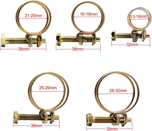 50 pcs. Adjustable Double Wire Hose Clamps 5 Sizes Steel Wire T