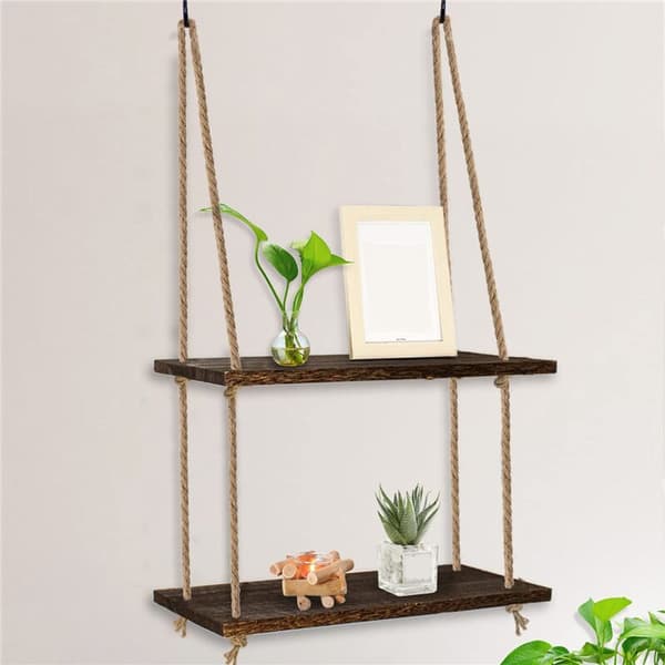 Hanging Shelves for Wall, 2-Tier Antique Wood Floating Hanging Shelf with Hand String Weaving Process, for Bedroom