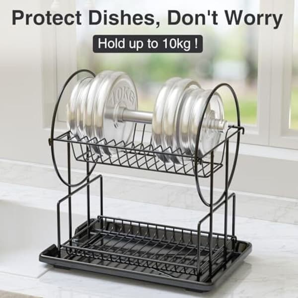 Black 2-Tier Stainless Steel Dish Drying Rack with Utensil Holder and Drip Tray for Kitchen