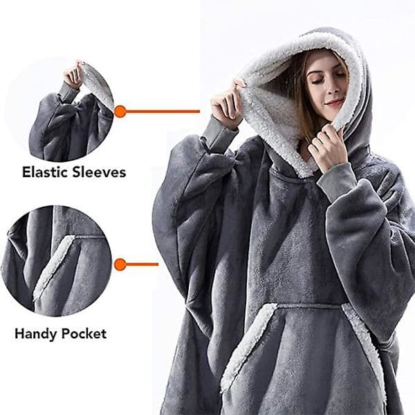 Oversized Tæppe med Hætte Bærbar Lammeuld Behageligt Tæppe Grå Grey Grey