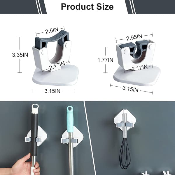 Vægmonteret kost- og moppeholder, selvklæbende, 4-pak