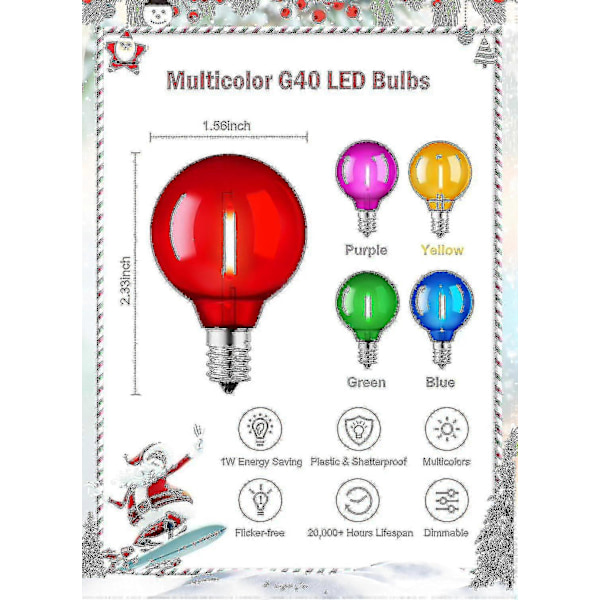 Premium 25-pack Multicolor G40 LED Julgransbelysning UL-certifierad 1 Watt E12/C7 Ljushållarbas Plast Splittersäker LED-lampor
