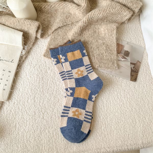 5 par blå strømper til kvinder til efterår og vinter, tykke varme strømper, japanske retro damestrømper i mellemlang længde