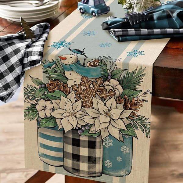 Winter Poinsettia Table Runner, Mason Jar Snowman Pine Cone Snowflake Blue Stripe Kitchen Dining Table Decoration 13x90 Inch