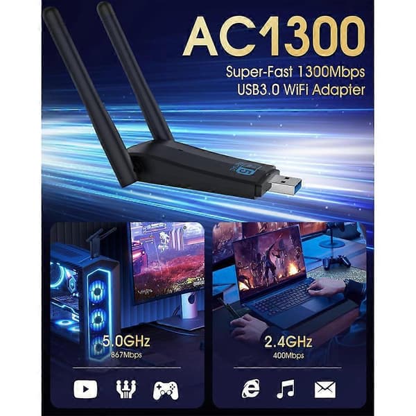 Trådløs USB 3.0 WiFi-adapter til stationær PC, AC 1300Mbps USB WiFi Dual-Band Netværksadapter til Win