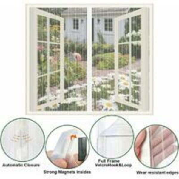 Magnetic Window Screen 120x120cm White Mosquito Net for Doors and Windows with Self-Adhesive Polyester Mesh Automatic Closing