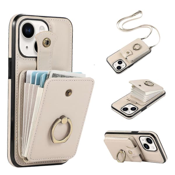 Til iPhone 15 Cover Kortholder Ringstativ TPU+PU Læder Telefoncover med Lang Rem [DB] Multicolor Beige Multicolor Multicolor Beige