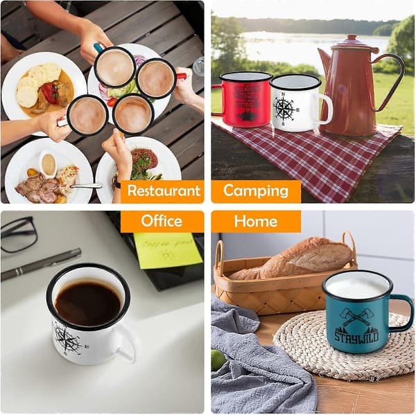6-pak emaljerede kaffekrus i flere farver til camping, 47 cl