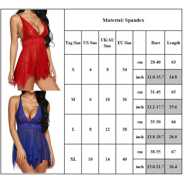 Naisten seksikkäät alusvaatteet pitsiverkko V-mekko Sling Mini Tight Dress sininen (L)