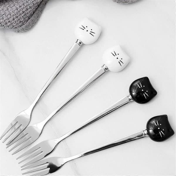 Cute Cat Coffee Spoon and Fork Set, Ceramic Stainless Steel Cat Dessert Spoon Drinking Spoons Fruit