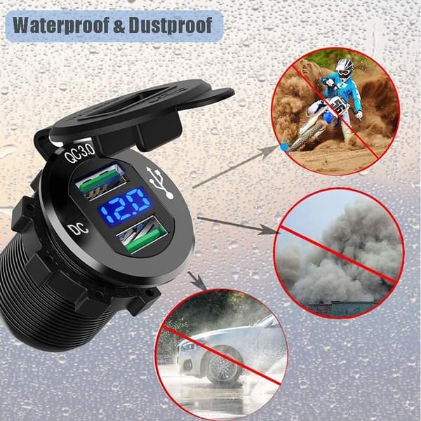 USB Rask Billader To QC3.0 USB-porter, 12V/24V Vanntett, med LED Digital Voltmeter