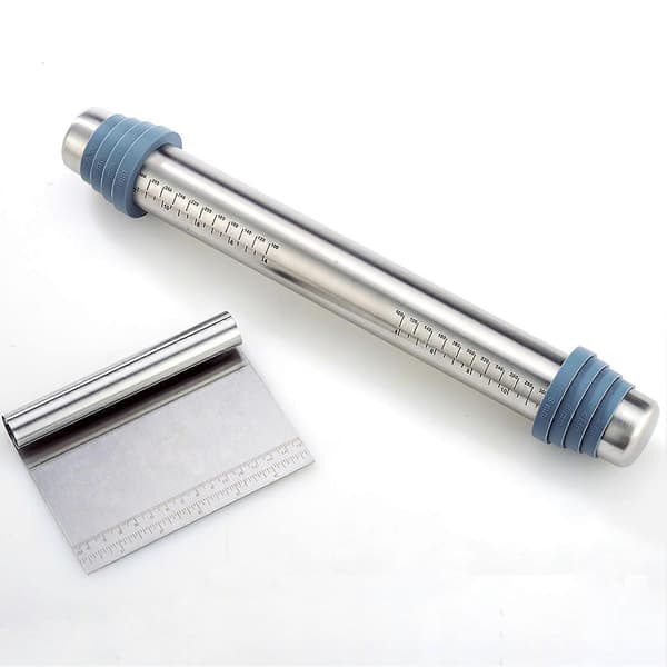 Adjustable Rolling Pin with Thickness Rings, Scale Gauge, Dough Scraper, 430 Stainless Steel, Kitchen Utensils, Baking Tools